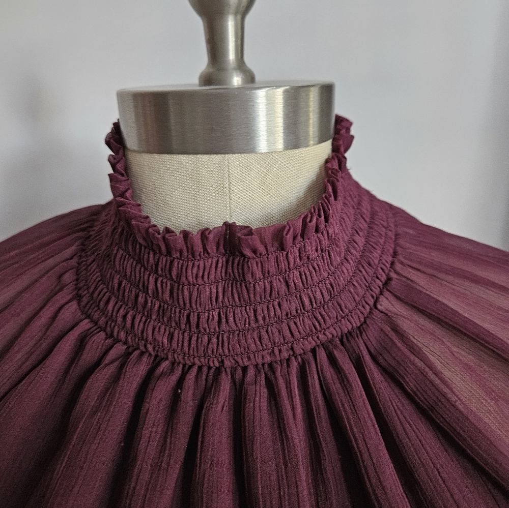 JOIE Long Sleeve Smocked High Neck Sheer Layered Wine Blouse | SZ M - Picture 8 of 10